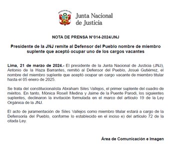Pronunciamiento de la Junta Nacional