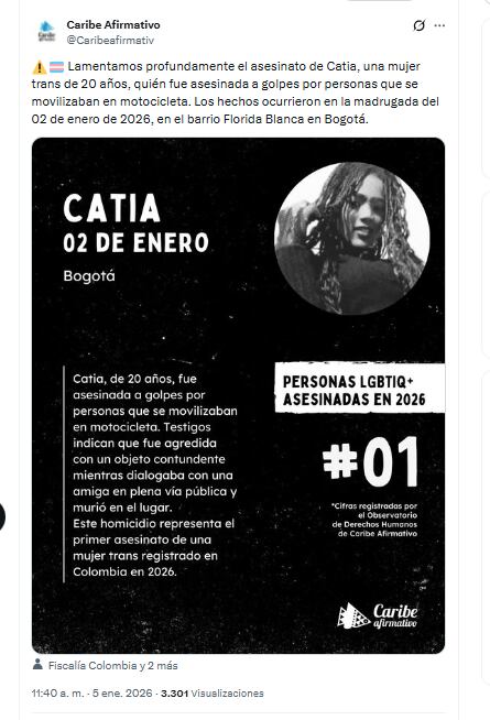 Caribe Afirmativo condenó el asesinato de Catia en Bogotá - crédito @Caribeafirmativ/X