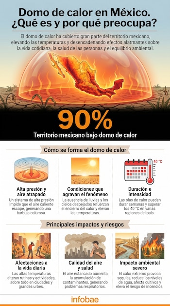Infografía de un domo de calor sobre el mapa de México con suelo agrietado y 90%. Explica cómo se forma y sus impactos: alta presión, sequía, altas temperaturas, contaminación y fuegos.
