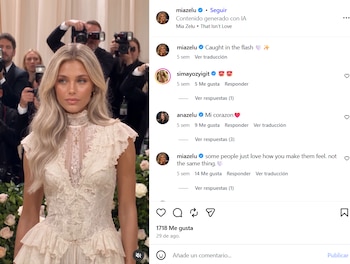 Captura de pantalla de una publicación de Instagram con una mujer de cabello rubio vestida de blanco frente a fotógrafos