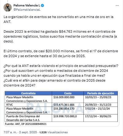 Según la congresista, los recursos se han gastado en organización de eventos - crédito @PalomaValenciaL/x