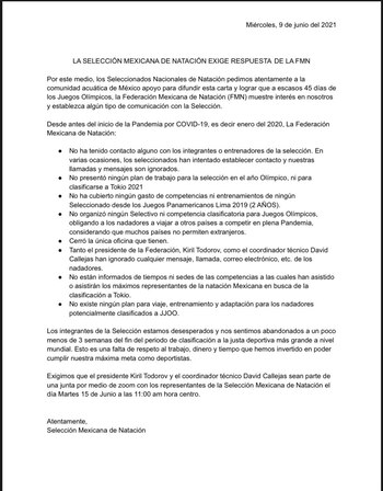Comunicado oficial de los atletas