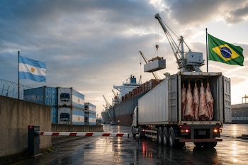 Un camión transporta carne vacuna junto a la bandera de Brasil en un puerto, mientras contenedores argentinos se ubican tras una barrera.