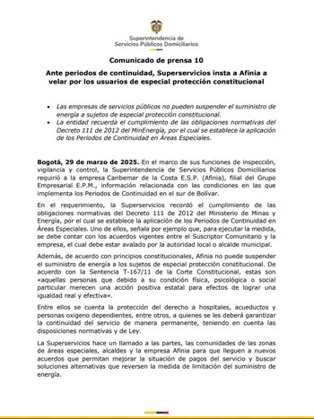 Superservicios advirtió a Afinia que