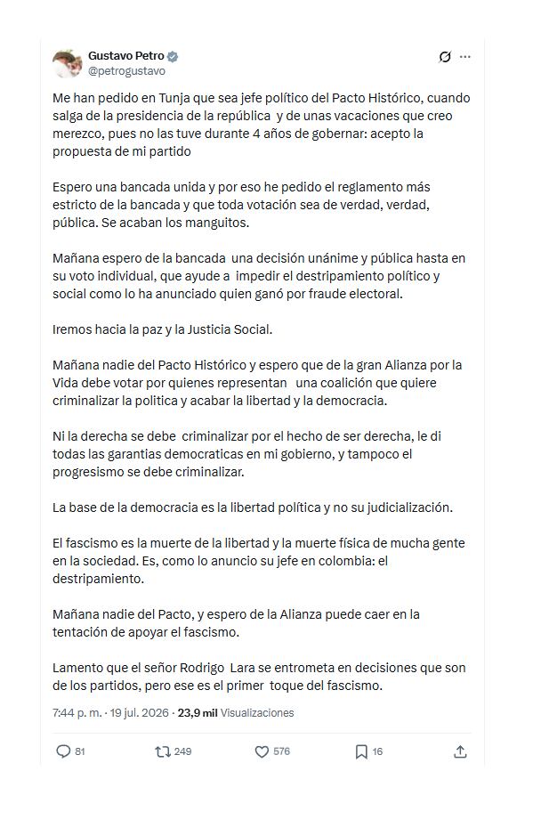 Con este mensaje en redes sociales, el presidente Gustavo Petro aceptó ser el nuevo líder del Pacto Histórico, con el fin de ejercer la oposición - crédito @petrogustavo/X