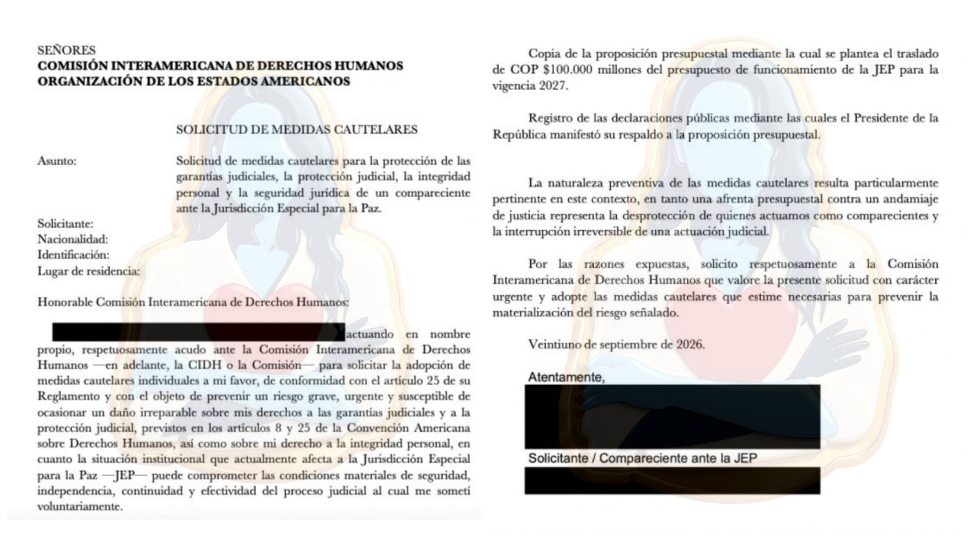 La congresista afirmó haber recibido un documento dirigido a la CIDH, fechado el 21 de septiembre de 2026, en el que un compareciente solicita medidas cautelares para proteger sus garantías judiciales, protección judicial, integridad personal y seguridad jurídica - crédito @MaclaPosada/X