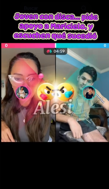 Captura de pantalla de TikTok dividida: a la izquierda, una mujer con gafas; a la derecha, un joven. Emojis de caras enfadadas y texto de encabezado son visibles