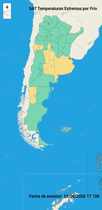 Mapa de Argentina en tonos azules, verdes y amarillos, indicando áreas con alerta de temperaturas extremas por frío. Incluye fecha de emisión