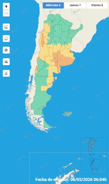 Mapa meteorológico de Argentina con zonas de alerta en verde, amarillo y naranja. Iconos de lluvia y viento a la izquierda. Se visualiza Bahía Blanca y fecha 06/05/2026