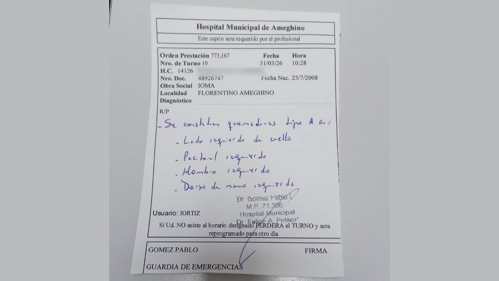 La víctima fue atendida en el Hospital Municipal de Ameghino.