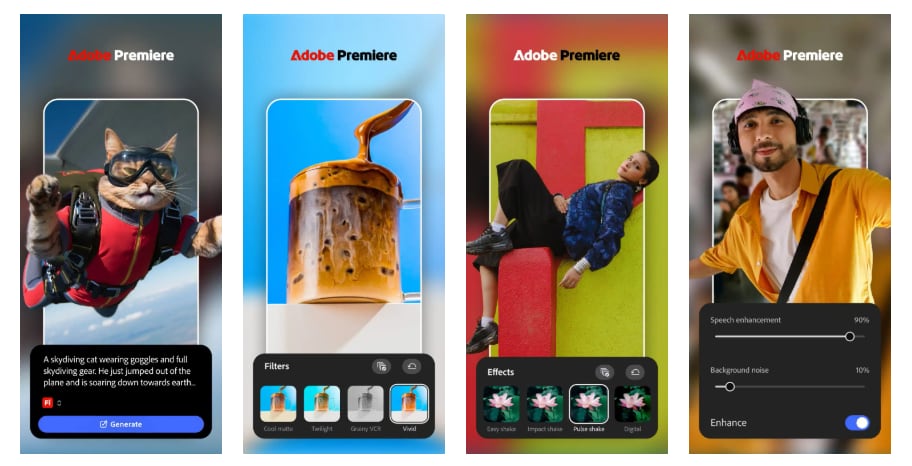 La app incorpora una línea de tiempo multipista que permite solapar pistas de video, música, efectos y locución en un mismo proyecto.
(Adobe Premiere)