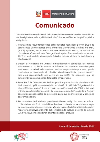 (Captura: Comunicado Ministerio de Cultura)
