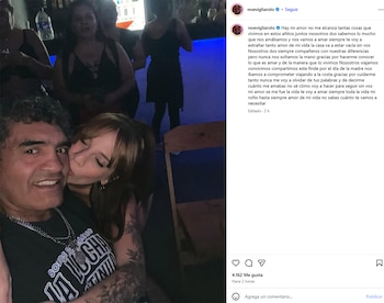 Captura de pantalla de una publicación de Instagram que incluye una fotografía de un hombre y una mujer abrazados y un texto extenso