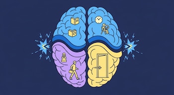 Ilustración de un cerebro humano dividido en cuatro segmentos, colores azul, violeta y amarillo. Incluye iconos de libros, una persona con reloj, una persona caminando y una puerta. Destellos azules.