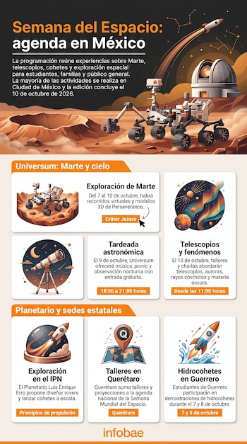 Infografía con ilustraciones de un vehículo explorador espacial, un telescopio y un cohete junto a bloques de texto sobre fondo oscuro.