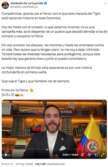 Abelardo de la Espriella agradeció respaldo y aseguró que no se detiene ante amenazas - crédito @ABDELAESPRIELLA/X