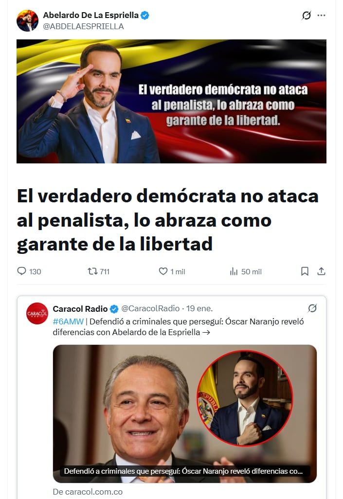 De La Espriella argumentó que la labor policial depende del respeto al debido proceso y de la presencia de un defensor en los procesos judiciales - crédito @ABDELAESPRIELLA/X