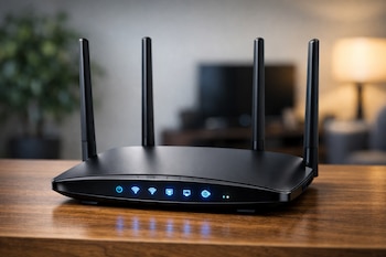 Un router Wi-Fi negro con cuatro antenas y luces azules encendidas está sobre una mesa de madera oscura. Al fondo, una sala con un televisor y una lámpara.