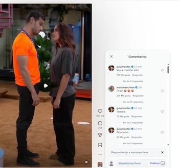 Un hombre con camiseta naranja y una mujer con camiseta gris se miran de frente junto a una captura de comentarios de Instagram