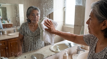 Una mujer sostiene un paño blanco sobre un espejo de baño con manchas, mientras su rostro se refleja en la superficie.