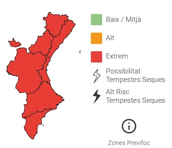 Riesgo de incendios extremo en toda la Comunidad Valenciana este sábado 8 de agosto. (Emergències 112CV)