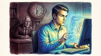 Un hombre joven ante una pantalla interactiva con datos digitales, mientras otro hombre mayor y un reloj de pared permanecen al fondo.