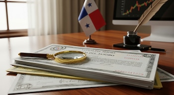 Pila de documentos de Letras del Tesoro con una lupa, una bandera de Panamá, un tintero con pluma y un monitor con gráficos bursátiles en una mesa.