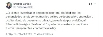 El presidente de la Junta Directiva de la Cámara de Comercio de Bogotá sostuvo que la Fiscalía descartó los delitos denunciados - crédito @EnriqueVargasLl/X