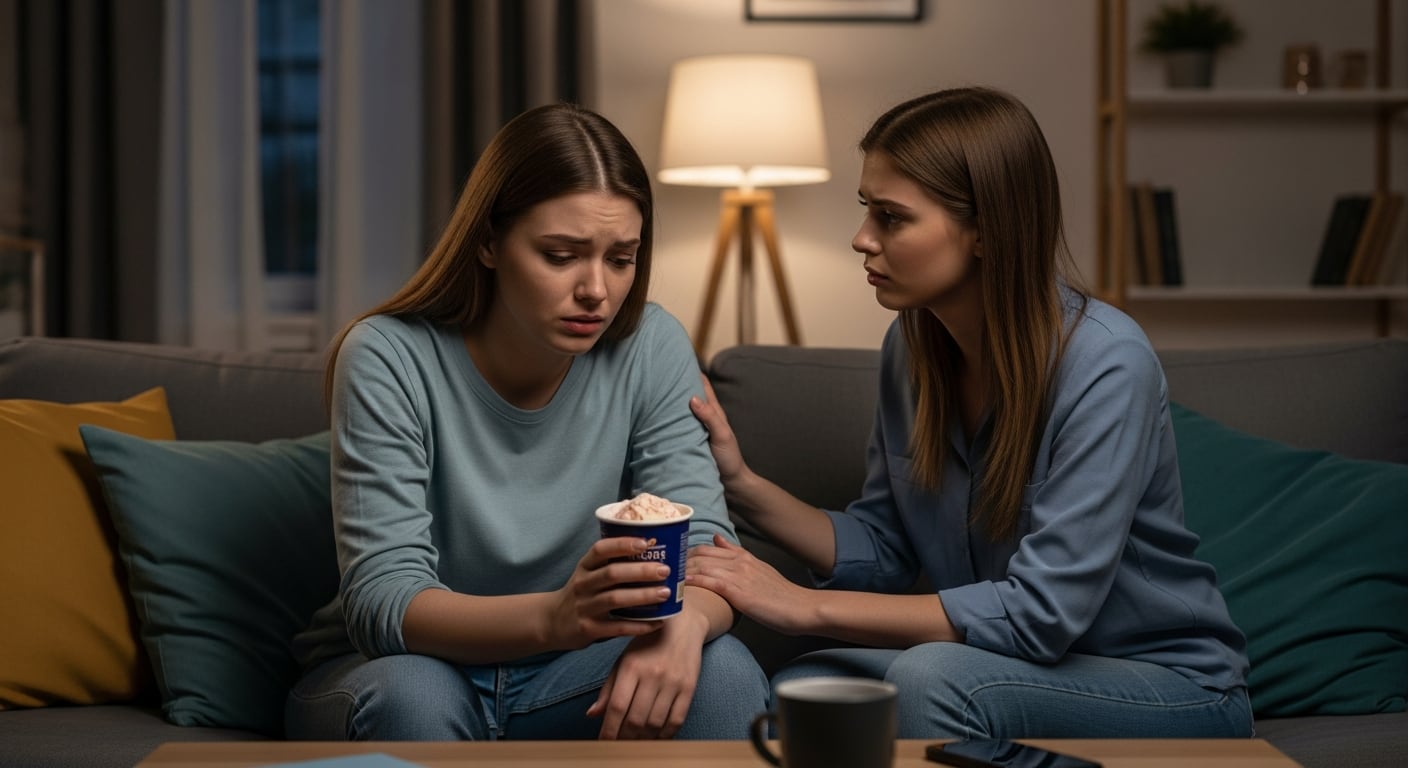 Una amiga consuela a otra que sostiene un pote de helado, mientras comparten un momento de tristeza y apoyo mutuo en el sofá de una casa por la noche. (Imagen Ilustrativa Infobae)