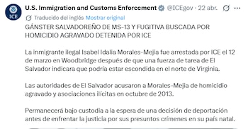 ICE informó en sus redes sociales sobre la captura de la salvadoreña, quien es ligada a una pandilla en el país./ (X de ICE)