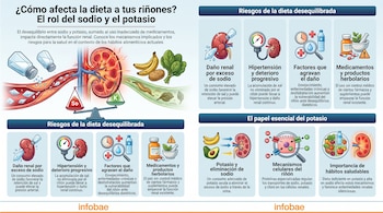 Infografía con ilustraciones de riñones, balanza de sodio y potasio, alimentos, saleros, pastillas, tensiómetro, lupa, reloj y células del riñón.