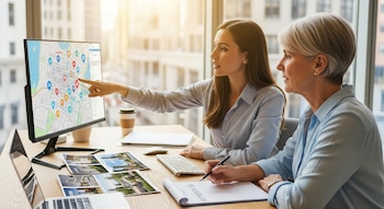 Dos mujeres sentadas en un escritorio. Una señala un mapa digital con pines de ubicación en un monitor mientras la otra anota en un cuaderno. Hay fotos de propiedades sobre la mesa.
