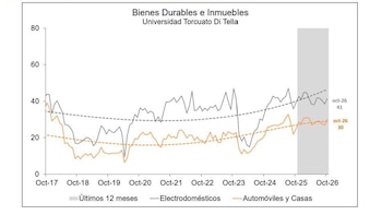 Gráfico de líneas que compara valores de electrodomésticos y de automóviles y casas entre octubre de 2017 y octubre de 2026