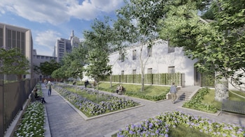 El proyecto prevé la creación de un espacio verde público entre el monasterio y los nuevos edificios, que sumarán casi 15.000 metros cuadrados construidos. Imagen: Proyecto de la Iglesia de Jesucristo de los Santos de los Últimos Dïas