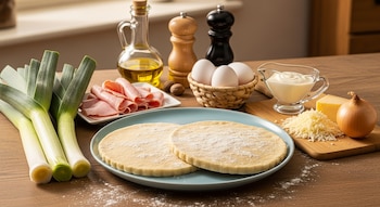 Tres puerros, jamón en lonchas, dos discos de masa, tres huevos, crema de leche, queso rallado, un bloque de queso, cebolla, aceite, molinillos de sal y pimienta.