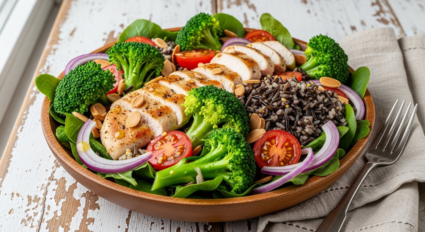 Una ensalada de pollo, brócoli y arroz yamaní reúne proteínas magras, vegetales frescos y cereales integrales en un solo plato, ideal para quienes buscan opciones nutritivas y saciantes en almuerzos o cenas livianas - (Imagen Ilustrativa Infobae)