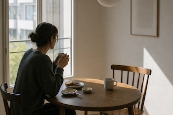 Una mujer sostiene una taza en una mesa con platos de comida, una segunda taza y una silla vacía junto a una ventana iluminada.