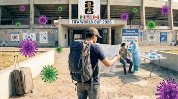Vista de un estadio con el letrero del Mundial 2026, figuras de virus, una zona de vacunación con personal médico y un viajero con mapa y equipaje.
