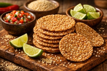 Tostaditas de amaranto y ajonjolí apiladas sobre una tabla de madera con semillas dispersas, un cuenco de salsa, un cuenco de limones y dos gajos de lima.