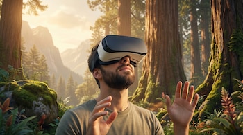 Hombre con barba usando un visor de realidad virtual en un bosque digital hiperrealista con árboles altos, montañas lejanas y luz solar cálida.