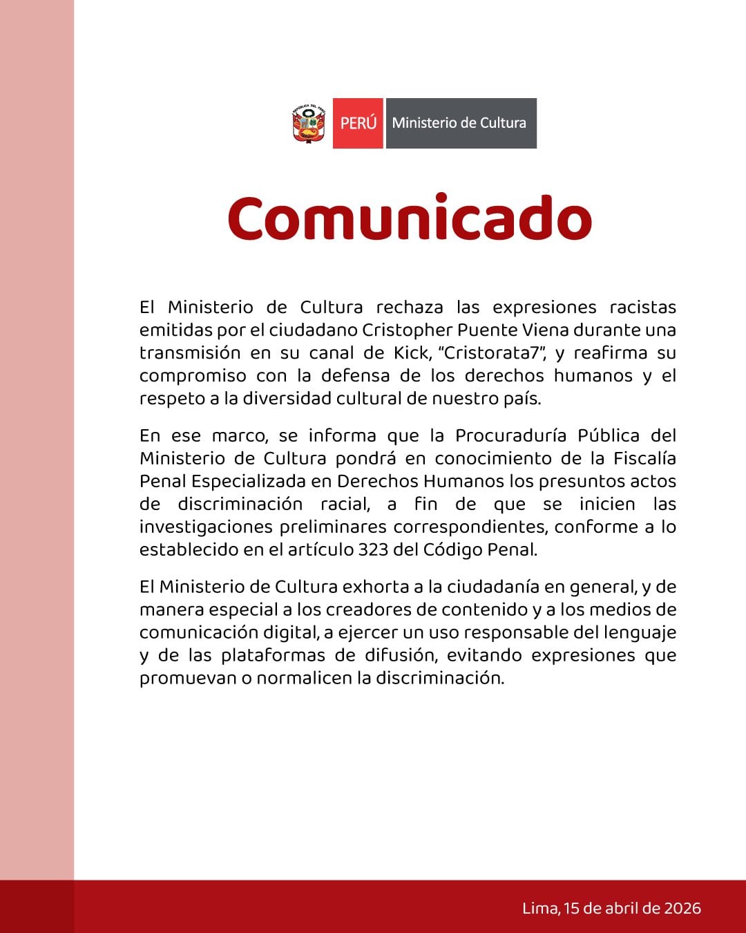 Comunicado del Ministerio de Cultura