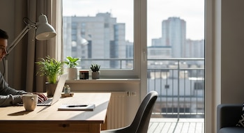 Un hombre joven con una sudadera gris trabaja en una laptop sobre un escritorio de madera clara, con una taza, un cuaderno y una lámpara. Detrás, una ventana con vistas a edificios urbanos.