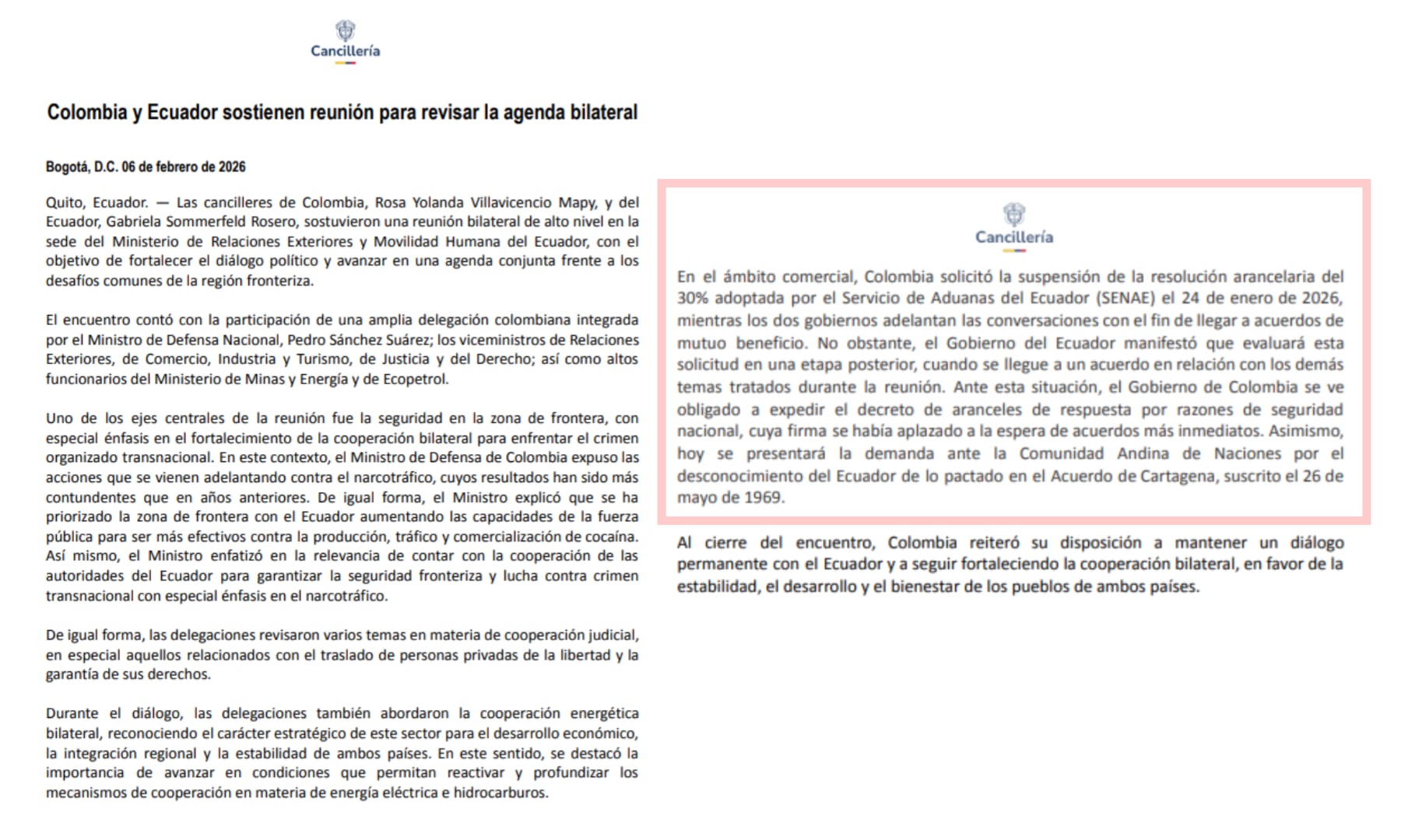 La cancillería de Colombia entregó detalles del encuentro con funcionarios de Ecuador y anunció medidas - crédito @CancilleriaCol/X