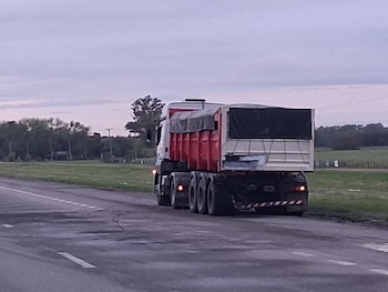 Vista trasera de un camión de carga rojo y blanco detenido en el borde de una carretera
