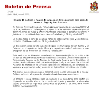Un nuevo ajuste en la regulación del porte de armas marcará la antesala de la jornada electoral del 21 de junio de 2026 en Bogotá y Cundinamarca - Ejército Nacional