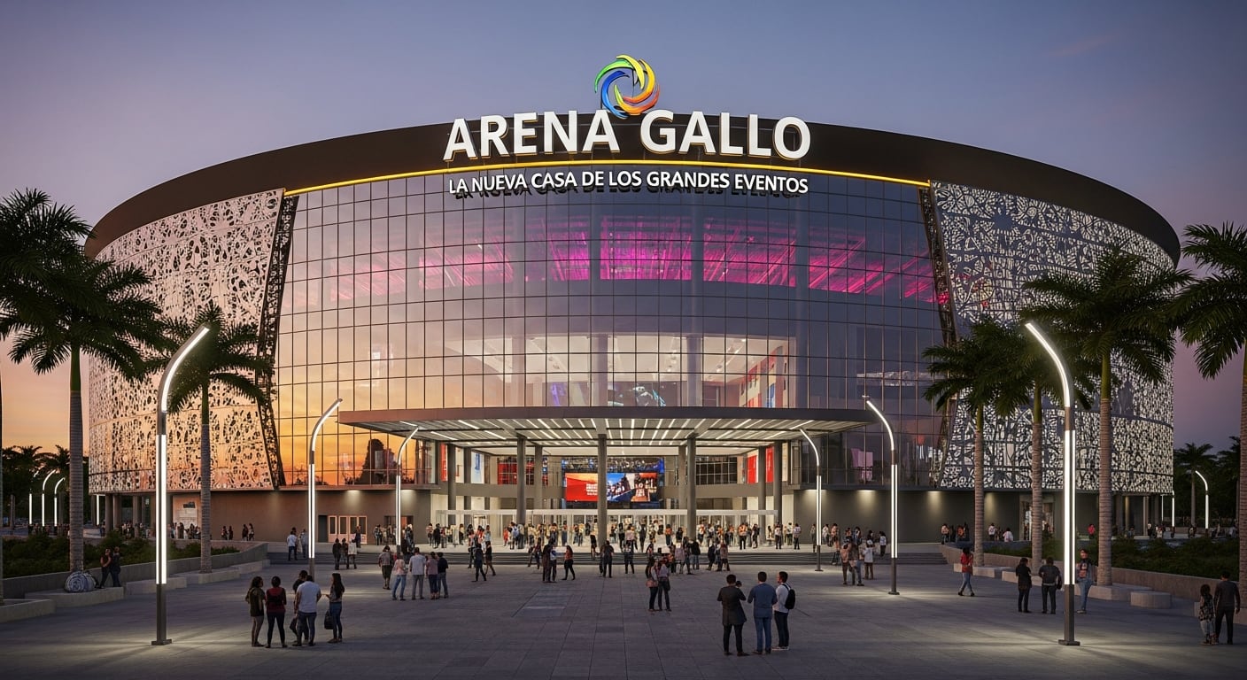 La imponente Arena Gallo, el flamante centro de eventos masivos de Guatemala, se ilumina al anochecer con una multitud esperando ingresar a sus instalaciones. (Imagen Ilustrativa Infobae)