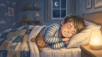 Ilustración de un niño en pijama de rayas durmiendo en una cama junto a un oso de peluche y una lámpara encendida.