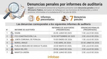 Infografía con lupa sobre documentos, título de denuncias penales por auditorías, iconos de informes y denuncias, y tabla detallando siete casos.