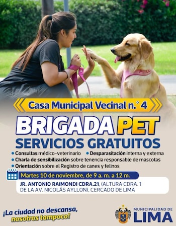Los asistentes recibirán orientación sobre los cuidados básicos que necesitan sus animales de compañía, como alimentación adecuada, higiene, agua y atención veterinaria - Créditos: Municipalidad de Lima.