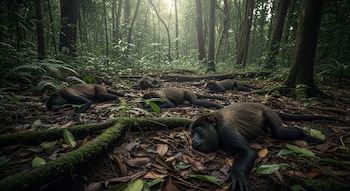 Varios monos congos muertos yacen en el suelo de un bosque denso, cubierto de hojas secas y raíces, con árboles altos.